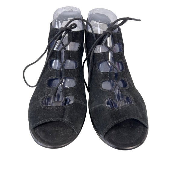 Skechers Parallel Lace-Up Sandal Womens 10 Peep Toe Black Suede Leather - Picture 2 of 10